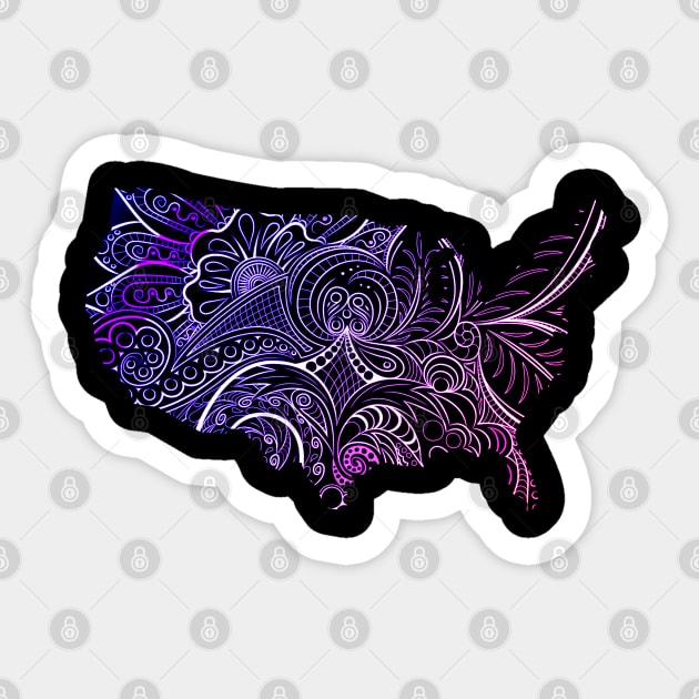 Colorful mandala art map of the United States of America in violet, white and pink on black Sticker by Happy Citizen